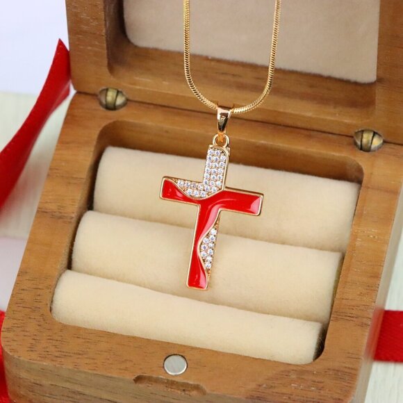 "Rose Gold Cross Pendant with Red Enamel and CZ Stone Detailing, XPPT1399 - Picture 8 of 13